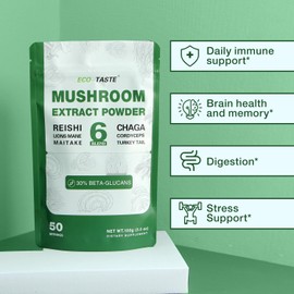 ECO-TASTE 6 Blend Mushroom Powder with 30% Beta-D-Glucan, Lions Mane, Reishi, Cordyceps, Chaga, Turkey Tail, Maitake, Fruiting Body Extract, 100 Grams