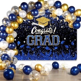 Mocsicka Graduation Party Decorations 2025 Congrats Grad Backdrops for Photography Bachelor Cap Congratulations Grad Photo Backdrop Graduation Prom Party Supplie (Blue and Gold, 8x6ft(96x72 inch))