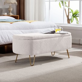 Favfurish Storage Ottoman for End of Bed with Gold Legs, Modern Faux Fur Entryway Bench,for Living Room，Bedroom，End of Bed,Ivory White