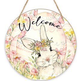 Bunny Easter Decorations for Home, Spring Welcome Sign for Front Door Porch, Happy Easter Party Decorations Farmhouse Decor Wall Wood Hanging Sign Spring Gifts Holiday Decorations /MP04