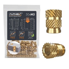 ruthex® threaded insert M5 (50 pieces) | RX-M5x9.5 Brass Threaded Sockets | Press-fit nut for plastic parts | by heat or ultrasound in 3D printer parts
