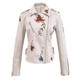 YILANUOYI Women's Embroidered Studded Faux Leather Jacket Moto Punk Jacket Floral Coat (XL, XHPY Beige)