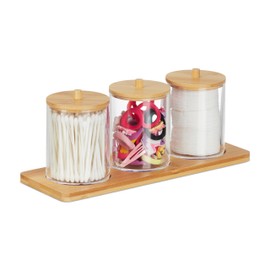 Relaxdays Cotton Bud Container with Tray, 3 Cups with Lid, Cosmetic Organiser, Plastic/Bamboo, Transparent/Natural