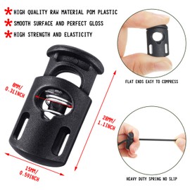 Patelai 50 Pieces Cord Locks Spring Toggles Stoppers Plastic Single Hole End Stopper Slider and 1/8 Inch 66 Feet Elastic Bungee Cord for Drawstring Shoelaces Clothing Bags(Black, Classic Style)