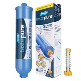 Camco Tastepure XL RV Water Filter - Reliable RV Inline Water Filter with Flexible Hose Protector - GAC & KDF Water Filtration - Made in USA - Camping Essentials for Fresh Drinking Water (40019)