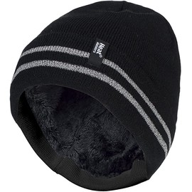 HEAT HOLDERS Men's Reflective Stripe Thermal Beanie Hat in Black - One Size Fits Most - Stay Warm and Visible (Black)