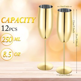 Yinder 12 Pcs Gold Champagne Flutes Bulk 8.5 oz Gold Wine Glasses Stainless Steel Stemmed Flutes with Box Unbreakable Toasting Glasses for Wedding Anniversary Parties Gifts Pool