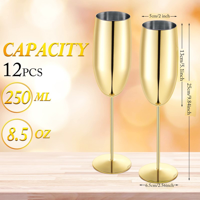 Yinder 12 Pcs Gold Champagne Flutes Bulk 8.5 oz Gold