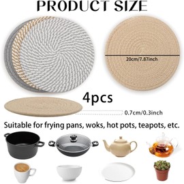 20CM Placemats Set of 4, Round Cotton Braided Woven Placemats, Heat Resistant Grey Placemats, Washbale Placemats and Coasters for Kitchen Dining Table Home Restaurant