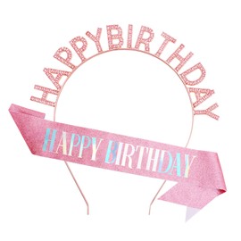 UlZDVUli Birthday Sash Headband for Women, Happy Birthday Headband Tiara Accessories Set for Women, Pink Glitter Sash Rhinestone Tiara Crown Accessories Decorations Party Favors for Girl Princess