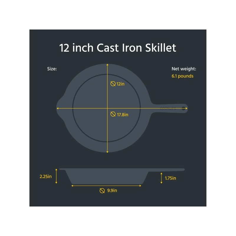 COOKLIFE 12 Inch Lightweight Pre-Seasoned Cast Iron Skillets - Smooth