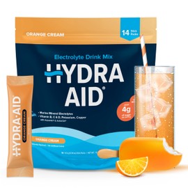HYDRA AID Low Sodium Electrolyte Powder Packets - Marine-Mineral Hydration Mix with Vitamins B, C, D | No Salty Aftertaste | 14 Orange Cream Sticks | Vegan, Non-GMO, Gluten Free