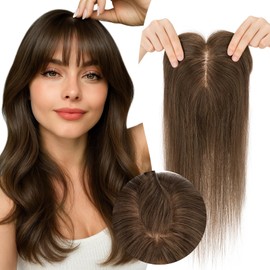 SEGOHAIR Real Human Hair Toppers for Women 3.54"*4.72" Silky Base 150% Density With Bangs Adjustable Parting Clip-In Topper Hairpieces for Women with Thinning Hair 10 Inches Natural Brown