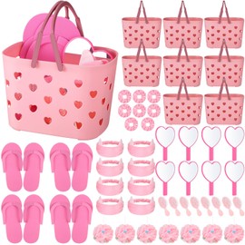 Pickmesh 12 Sets Spa Party Supplies Sleepover Party Favors with Pink Basket Heart Mirror Headband Satin Hair Scrunchies Hair Brush Loofah Disposable Slipper for Birthday Gift