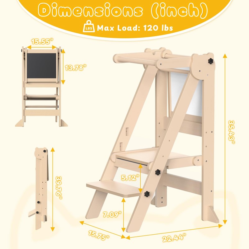 Foldable Toddler Tower, Wooden Toddler Kitchen Stool with 3 Adjustable