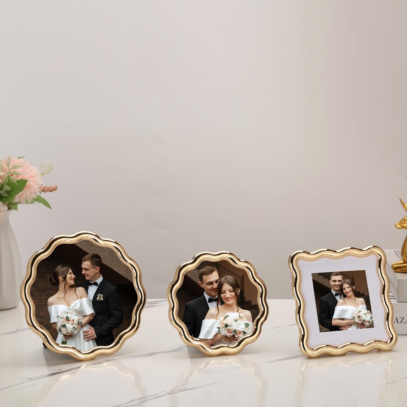 High-End Gold 5x5'' Round Zinc Alloy Picture Frames,Unique Wave Design,Heavy