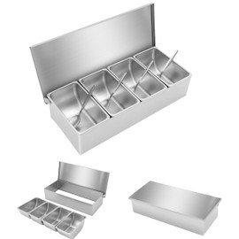 Pizza Topping Station W/4 Pans, Spoon, and Lid, Stainless Steel Condiment Dispenser Food Server Container Countertop Spice Rack Organizer Holder for Seasoning Sauce Salad Jam Fruits Ingredients