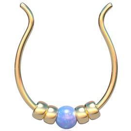 Fake Septum Ring - Thin Clip On Septum Piercings - 20 gauge Faux Septum Jewelry - 14k Gold Filled Tiny Slim Septum Ring (Light Blue Opal Gold)