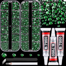 Resin Rhinestones for Crafting with B7000 Jewelry Glue, 2 Boxes Dark Green Flatback Crystals with 3Pcs 10ml Glue for Bedazzling Crafts DIY Nail Art Makeup，Non Hotfix Gems for Clothing Shoes