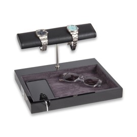 Bey-Berk Watch Stand, Valet Tray and Classic Catchall with Built-In Wireless Charging Tray - Luxury EDC Tray for Men and Women, Ideal for Home and Office - Black