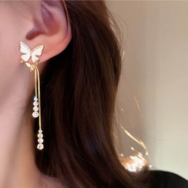 Allereya Vintage Crystal Butterfly Earrings Rhinestone Dangle Earrings Silver Long Chain Tassel Drop Earrings Resin Butterfly Stud Earrings Jewelry for Women and Girls