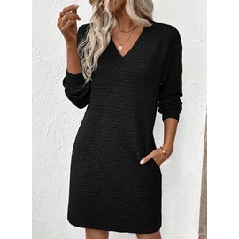 EVALESS Fall Dresses for Women 2025 Fashion V Neck Long Sleeve Summer Mini Dress Solid Casual Beach Vacation Clothes Tshirt Dresses with Pockets Women's Clothing Black Medium