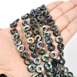 10mm Natural Abalone Shell Hollow Circle Flat Round Ring-Shape Donut Beads Strand 16 Inch for Jewelry Making