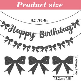 MBAIYO Black Bow Happy Birthday Banner, Black Bow Garland White Bows Party Decor Coquette Party Decorations for Baby Shower Bachelorette Themed Parties
