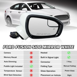 MOFOAP Passenger Side Mirror Compatible with Ford Fusion 2016-2022 Mirror with Power Heated Turn Signal Puddle Light Manual Folding White 7Pins