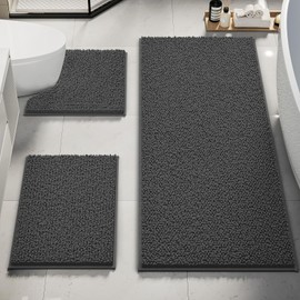 Upgrade Extra Large Bathroom Rugs Set 3 Pieces Thick Absorbent Chenille Bath Mat,Ultra Soft Bathroom Mats,Non Slip Bathroom Floor Mats,Washable Toilet Rug for Bathroom, Bedroom, Kitchen,Deep Grey