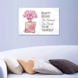 arteWOODS Fashioner Perfume Canvas Wall Art Gold Bottle Pink Flower Canvas Pictures Brown Inspirational Words Canvas Prints Motivational Quetos Wall Decor for Bathroom Bedroom Powder Room 36X24IN