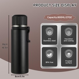 Boziee Stainless Steel Thermos Flask 800 ml with Cup Insulated Flask BPA Free Portable for Travel Coffee and Tea (Black)
