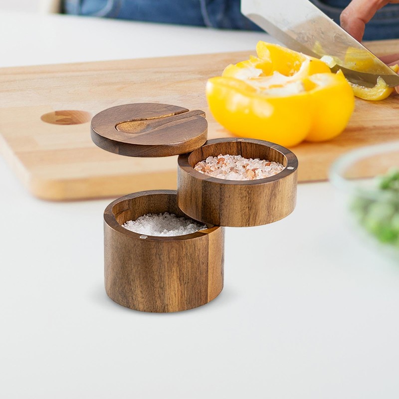 Salt Box Swivel Lid,Sea Salt Container Box Built-in Spoon -
