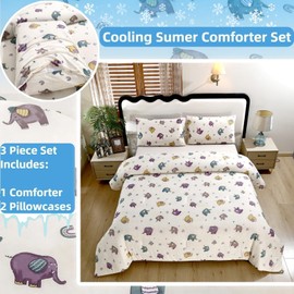 SDIII 3PCS Cute Elephant Cooling Comforter Full Size, Silky and Cooling Microfiber, Lightweight Summer Blanket for Hot Sleepers Boys Girls Kids Teens