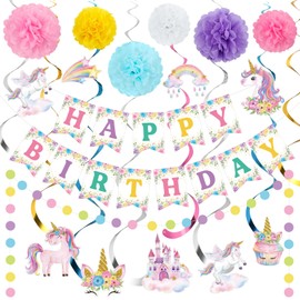 Marspark Unicorn Birthday Decorations Included Magical Happy Birthday Banner Hanging Swirls Macaron Circle Dots Garland Pastel Paper Pom Poms for Rainbow Unicorn Birthday Party Supplies