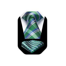 HISDERN Mens Ties for Men Green Tie with Pocket Square Set Formal Forest Hunter Green Blue Striped Plaid Tie Handkerchief Set Necktie for Men Wedding Tie