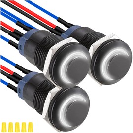 MKBKLLJY 3Pcs 12mm Latching White LED Push Button Switch Black Metal Shell IP65 Waterproof 12V 24V 3A DC SPST 2Position Self-locking ON OFF Switch with Pre-wired Wires and Wiring Cap for Car Boat