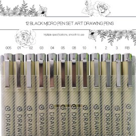 GCVOPTON 12 Pcs Drawing Pens, Black Fine Line Drawing Art Pens for Artist Illustration, Assorted Sizes Archival Ink Pens, Sketch Outline, Technical Drawing