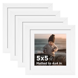 KINLINK 5x5 Picture Frame White Set of 4, Wooden Square Photo Frames Matted 4x4 with Plexiglass for 4x4 with Mat or 5x5 without Mat for Table and Wall Display