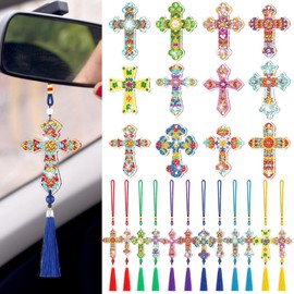 JenPen 12 Pcs 5D Cross Diamond Art Kit for Adult DIY Diamond Painting Car Ornaments Religious Crystal Cross Hanging Ornament for car Mirror Home Office School Project DIY Crafts Gifts, 12 Styles