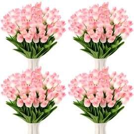 Geosar 40 Pcs Tulips Artificial Bulk Easter Tulips Faux Tulips Spring Bouquet 14 Inch PU Faux Tulip Stems for Home Vase Mother's Day Office Decor Floral Arrangements Wedding Bouquet(Pink)