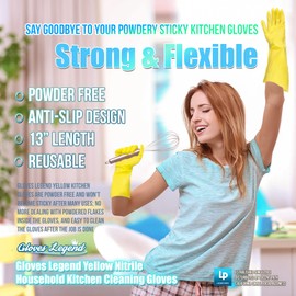 Size Large - 1 Pair (2 Gloves) - Gloves Legend Yellow Nitrile Household Kitchen Cleaning Dishwashing Reuseable Gloves