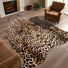 DweIke Faux Leopard Print Rug for Living Room, 4.6 x 5.2 ft Western Animal Cheetah Hide Rugs, Non Slip Cool Leopard Fur Skin Carpet for Bedroom Dining Room Farmhouse Entrance Home Decor, Dark Brown