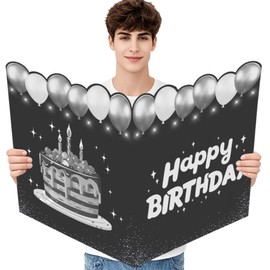 Black and Silver Birthday Decorations, Jumbo Birthday Card for Men Women, Large HAPPY BIRTHDAY Card with Envelope, Giant Bday Party Guest Book Signature, Oversize Greeting Cards for Bday Party Supplies for Boys Girls