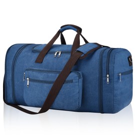 Felipe Varela 60L Duffle Bag for Men, Large Expandable Canvas Duffel Bag for Travel, Mens Carry On Luggage Bag Traveling Weekender Gym Overnight Bags for Airplanes, Blue