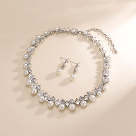 AILUOR Pearl Jewelry Set for Women, 14K Gold/Silver Plated Pearl Necklace and Earring Set Pearl Drop Earrings Pearl Bracelets Pearl Choker Necklace Wedding Bridal Jewelry for Women Gift (2pcs Silver)