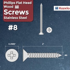 Kozelo 75pcs Phillips Flat Head Wood Screws - [#8x2"] 304 Stainless Steel Countersunk Self Tapping Screws for Furniture Assembly, Interior Trim, Outdoor Construction, Silver