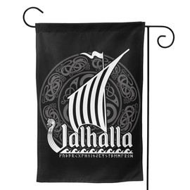 Outdoor Garden Flag 12x18 Inch Antique Scandinavian Viking Ship Decorated with Dragon Head and Valhalla Inscription Print Home Decor Seasonal Yard Sign Banner