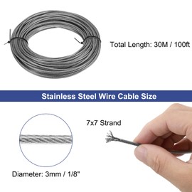 sourcing map 1/8"(3mm) 304 Stainless Steel Cable Wire Rope 7 x 7 Strands Core 100ft (30m) PVC Coated Aircraft Wire for Construction Outdoors Marine Rigging Decking Railings
