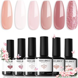 Modelones UV Nail Polish, 6 Colours Gel Nail Polish, UV Nail Polish Set Nude Pink Glitter Spring Summer Pastel Shellac Soak Off Nail Polish French Manicure for Women Mother Gift Set DIY at Home 7 ml